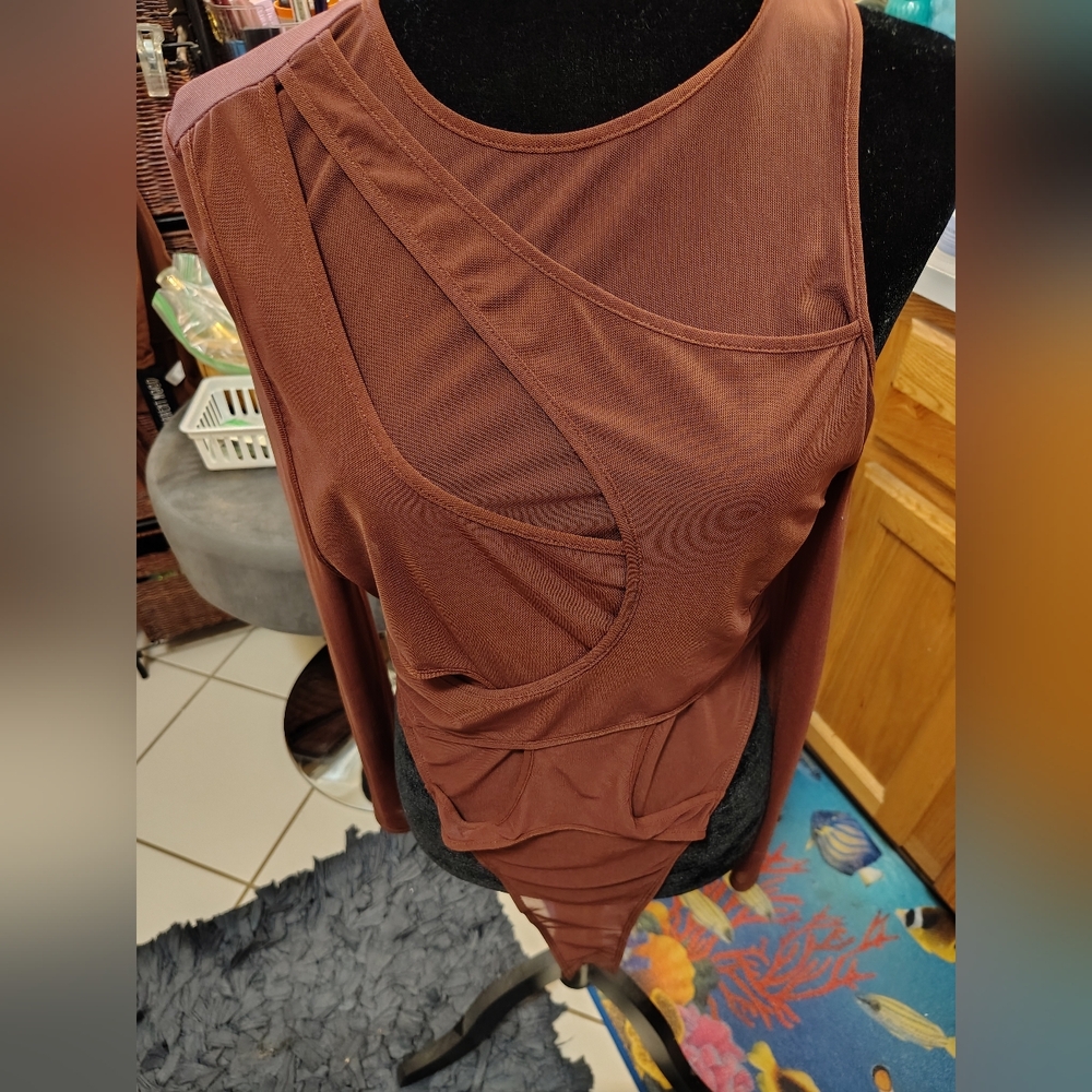 Brown Mesh Multi Layer Cold One Shoulder Bodysuit/ SZ XL TALL